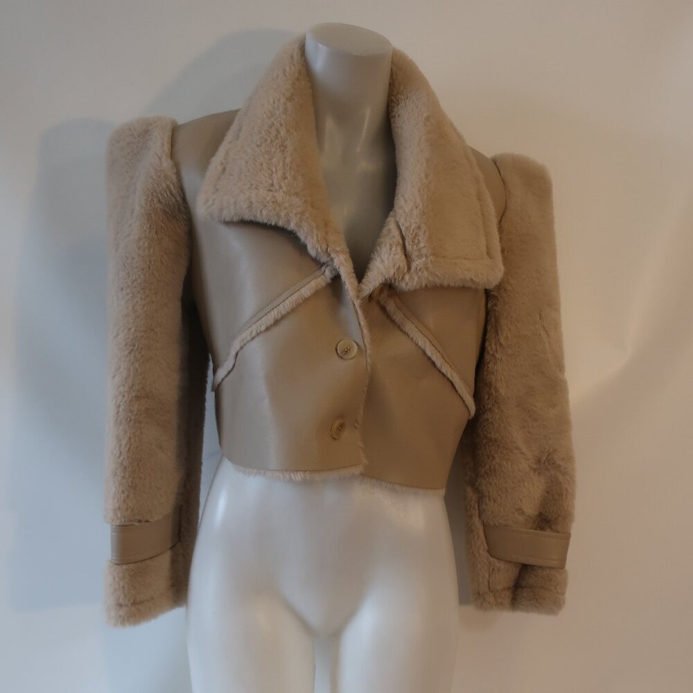 Womens Storets Beige Faux Leather Faux Fur Shearling Style Jacket Coat S/M - Picture 3 of 13